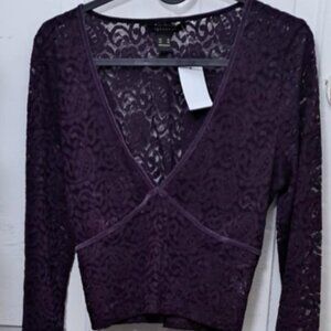 New Women's Floral Lace LS Violet V-Neck Crop Tops